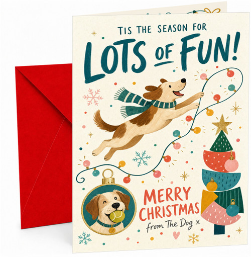 Christmas Card Dog with Fairy Lights and Tree