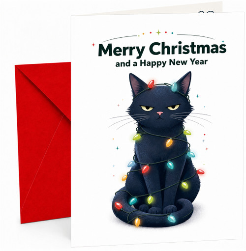 Christmas Card, Grumpy Black Cat Wrapped in Fairy Lights