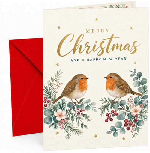 Christmas Card Watercolour Robins and Winter Foliage