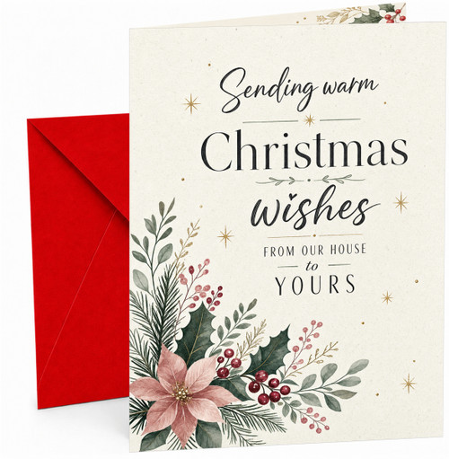 Christmas Card From Our House to Yours Poinsettia Holly