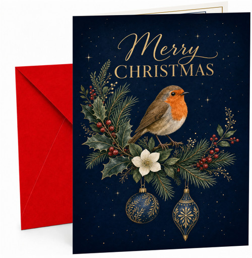 Christmas Card with Robin, Holly and Baubles on Navy