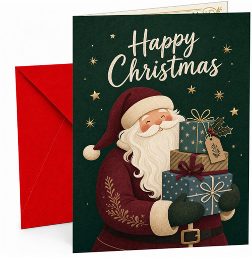 Christmas Card with Santa Holding Gifts on Green Background