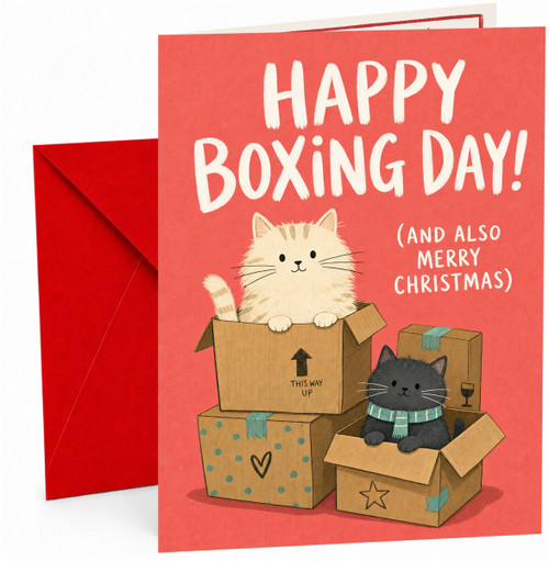 Boxing Day Christmas Card, Cats in Cardboard Boxes