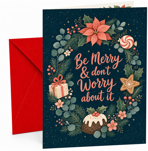 Christmas Card Be Merry Don't Worry Poinsettia Wreath