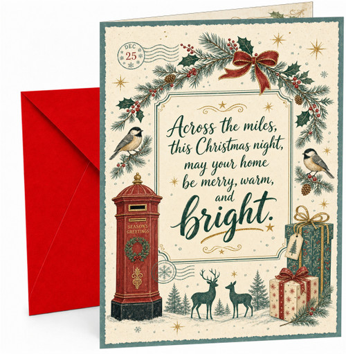 Christmas Card Across the Miles Red Postbox and Deer