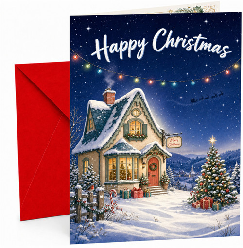 Christmas Card Snowy Cottage and Tree with Fairy Lights