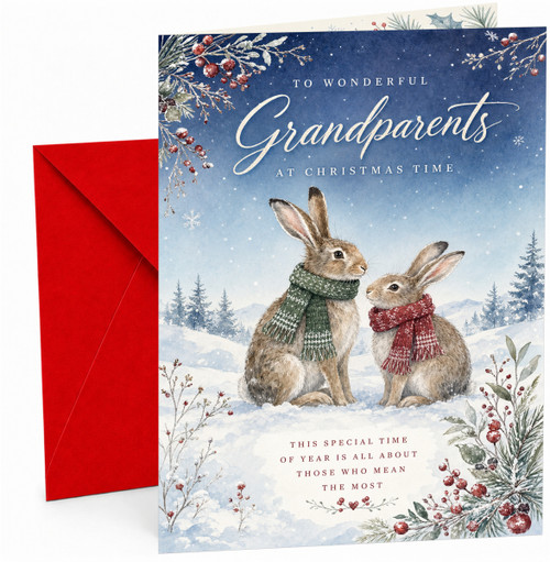 Grandparents Christmas Card, Winter Rabbits in Scarves