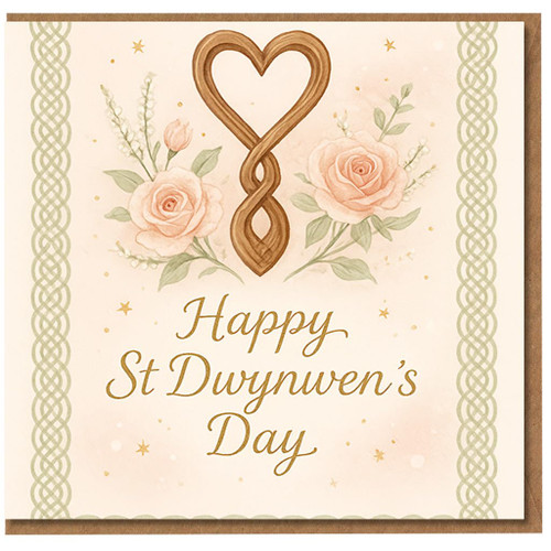 St Dwynwen's Day Card, Welsh Love Spoon Heart with Roses, Romantic Card for Partner, Wife, Husband or Fiancé, Happy St Dwynwen's Day