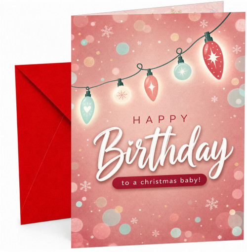 Christmas Baby Birthday Card, Fairy Lights and Baubles