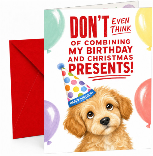 Funny Birthday Card Dog in Party Hat and Balloons