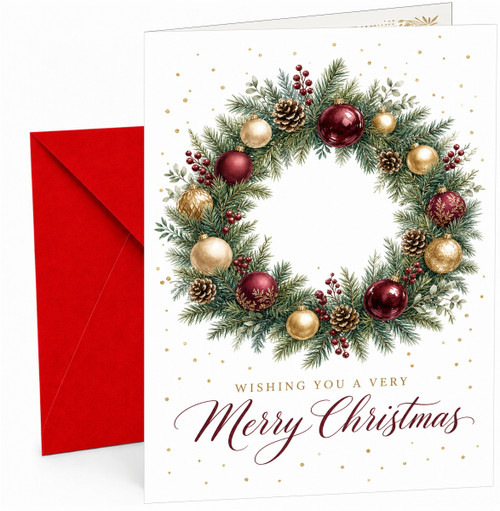 Christmas Card Wreath of Pine Cones and Red Gold Baubles