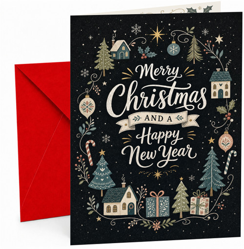 Christmas Card, Merry Christmas Village Houses and Trees