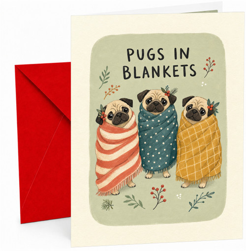 Christmas Card Pugs in Blankets Cute Wrapped Pug Dogs