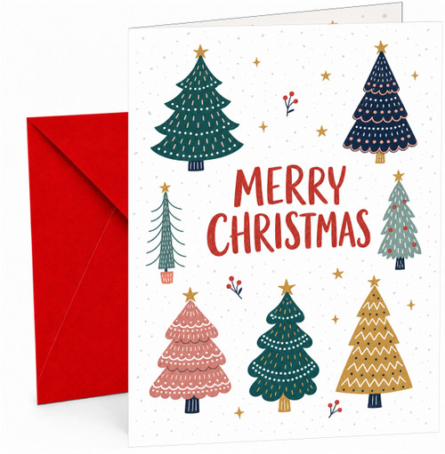 Christmas Card Merry Christmas with Colourful Trees and Stars