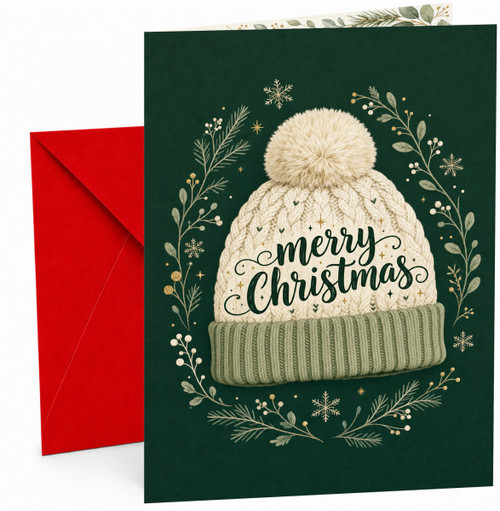 Christmas Card with Knitted Bobble Hat on Green Background