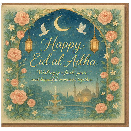Eid al-Adha Card - Happy Eid al-Adha - Crescent Moon, Doves & Lanterns with Rose Arch and Mosque Night Scene - Heartfelt Islamic Festival Greeting