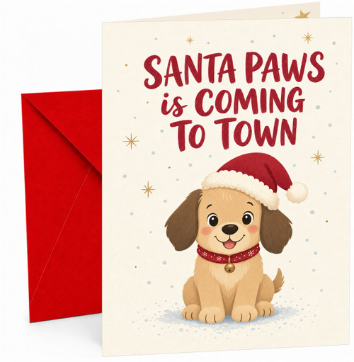 Christmas Card Santa Paws Is Coming To Town Puppy in Hat