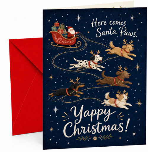Christmas Card Santa Paws Sleigh Dogs Reindeer Antlers