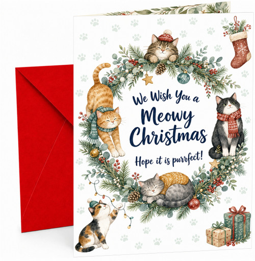 Christmas Card Meowy Christmas Cats Wreath and Paw Prints