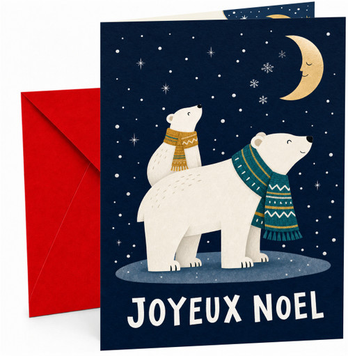 Christmas Card Polar Bears and Moon Joyeux Noel