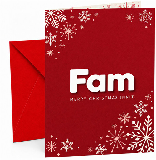 Christmas Card 'Fam Merry Christmas Innit' Red Snowflakes