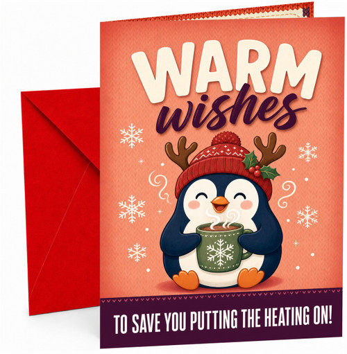 Christmas Card Warm Wishes Penguin Hot Chocolate Heating Joke
