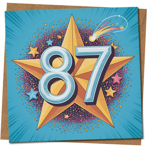 87th Birthday Card - Starburst and Shooting Star Design, Bright Blue Square Greeting, 145mm x 145mm, Includes Kraft Envelope