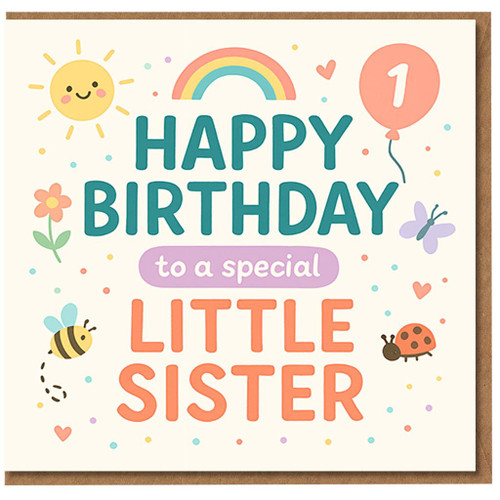 1st Birthday Card for Little Sister - Cute Rainbow and Sunshine Design with Bee, Butterfly and Ladybird - Happy Birthday to a Special Little Sister