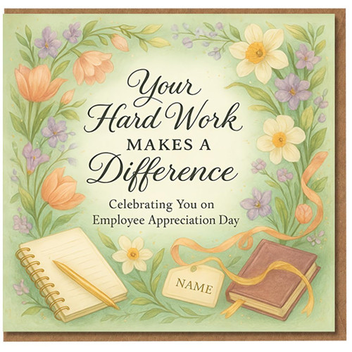 Employee Appreciation Day Card - Your Hard Work Makes a Difference - Floral Thank You Card with Notebook, Pen and Name Tag - For Employee or Colleague