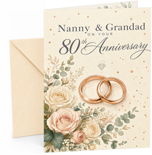 Nanny & Grandad 80th Anniversary Card Rose Gold Rings & Roses