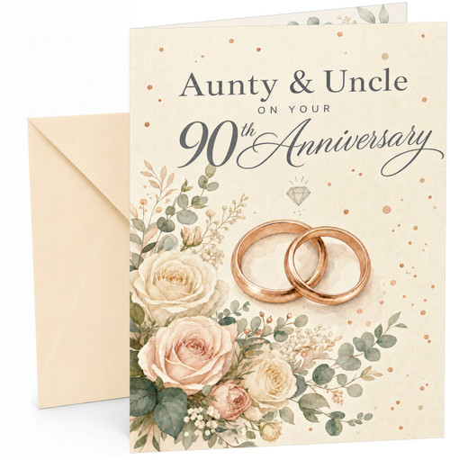 Aunty & Uncle 90th Anniversary Card Rose Gold Rings & Roses