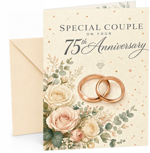 Special Couple 75th Anniversary Card Rose Gold Rings Roses
