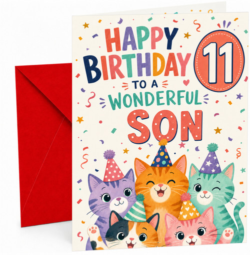 Son 11th Birthday Card Party Cats and Confetti