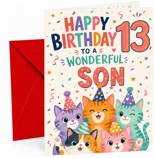 Son 13th Birthday Card Party Cats and Confetti