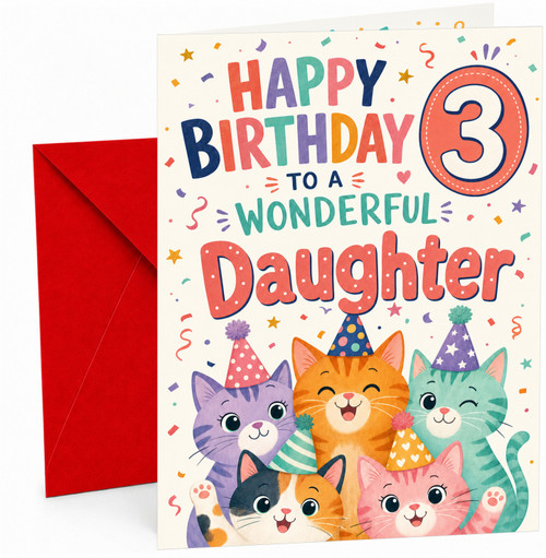 Daughter 3rd Birthday Card Party Cats and Confetti