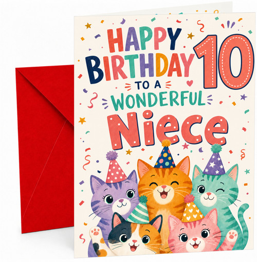 Niece 10th Birthday Card Party Cats in Hats and Confetti