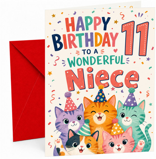 Niece 11th Birthday Card Party Cats in Hats and Confetti