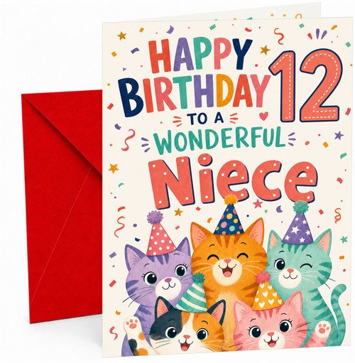 Niece 12th Birthday Card Party Cats in Hats and Confetti