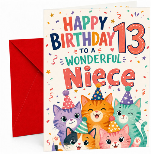 Niece 13th Birthday Card Party Cats in Hats & Confetti