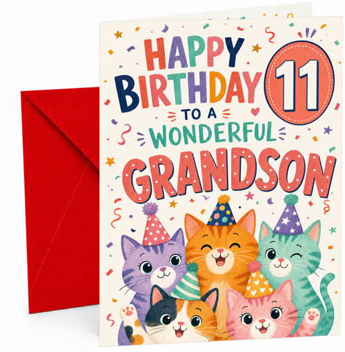 Grandson 11th Birthday Card Party Cats in Hats & Confetti