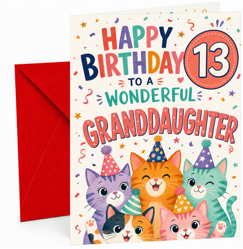 Granddaughter 13th Birthday Card Party Cats in Hats & Confetti