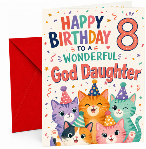 God Daughter 8th Birthday Card Party Cats and Confetti