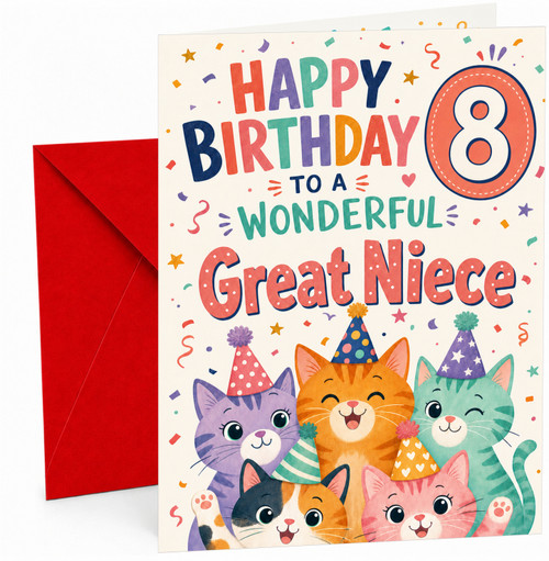 Great Niece 8th Birthday Card Party Cats and Confetti