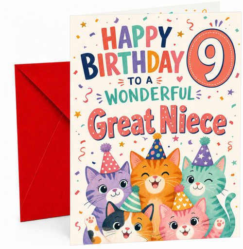 Great Niece 9th Birthday Card Party Cats & Confetti