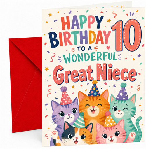 Great Niece 10th Birthday Card Party Cats in Hats & Confetti