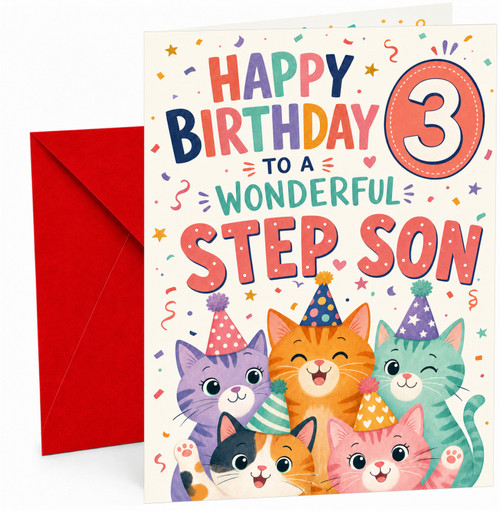 Step Son 3rd Birthday Card Party Cats and Confetti
