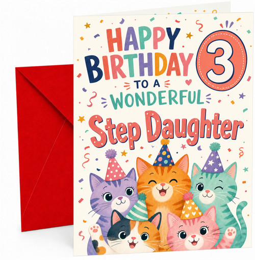 Step Daughter 3rd Birthday Card Party Cats and Confetti