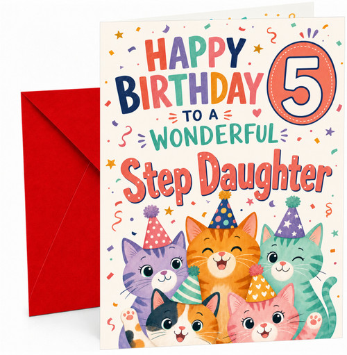 Step Daughter 5th Birthday Card Party Cats and Confetti