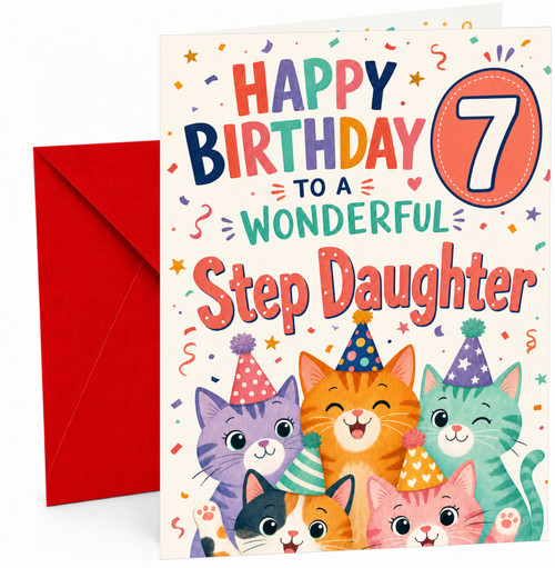 Step Daughter 7th Birthday Card Party Cats and Confetti