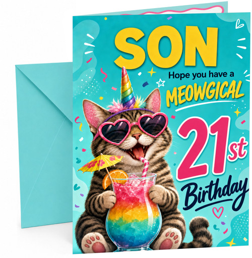 Son 21st Birthday Card Meowgical Cat Unicorn Cocktail